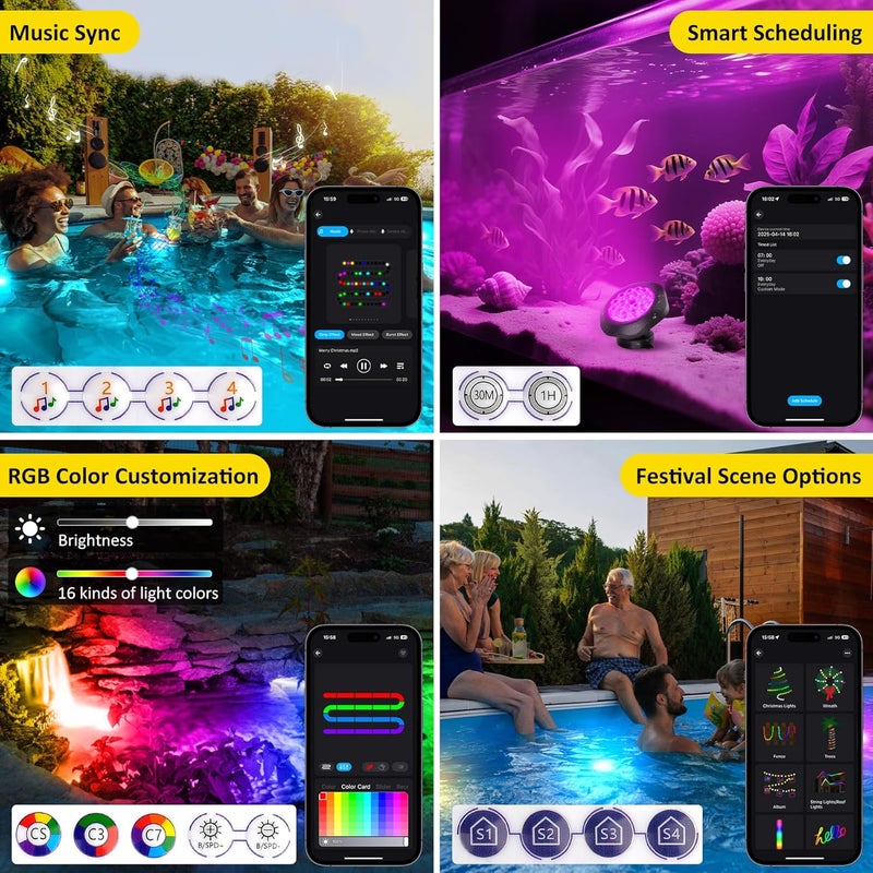 T-SUN Pond Lights LED Underwater 16M Colors with App and Remote, Submersible Fountain Light with Timer and Dimmable, Music Sync, Outdoor Spotlights for Koi Pond, Garden, Yard - Image 5